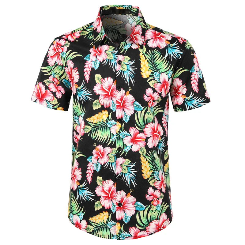 Черная Гавайская пляжная Мужская рубашка с коротким рукавом и цветочным принтом, мужские рубашки на пуговицах, повседневные тропические вечерние рубашки