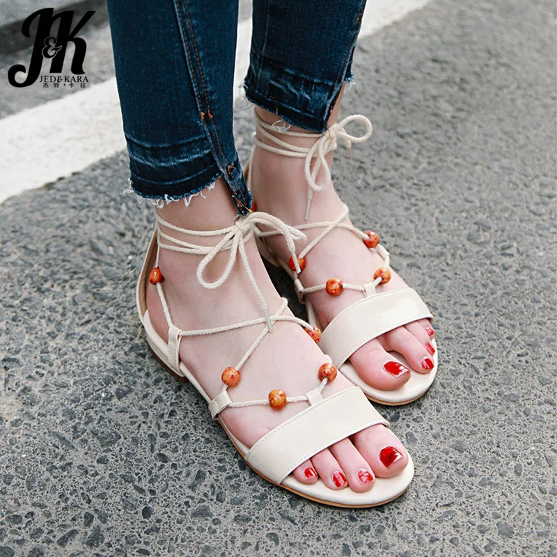 

JK String Bead Sandals Women 2019 New Low Heels Sandals Ladies Cross Tied Shoes Woman Girl Casual Shoes Female Plus Size 33-46