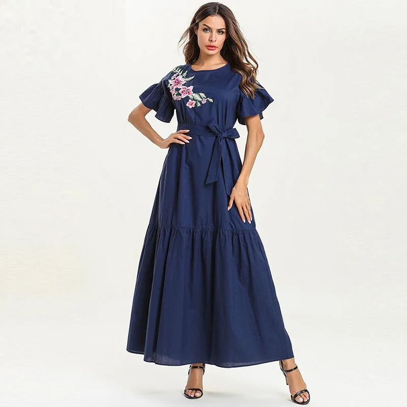 

Summer casual fashion Slim women's lotus leaf short-sleeved dress Dubai embroidered belt pleated thin long skirt
