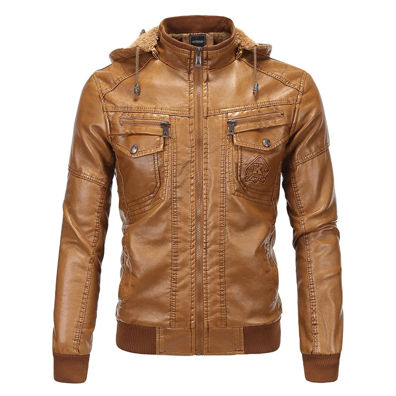 European code font b men s b font hooded plus velvet thick warm PU leather font