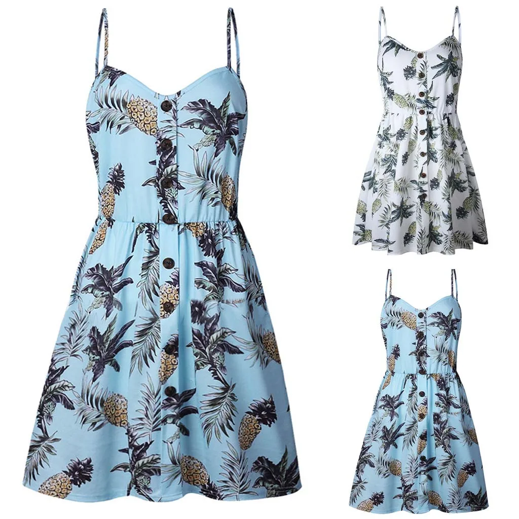 

2019 Summer Women Button Decorated Pineapple Print Dress Off-shoulder Party Beach Sundress Boho Spaghetti Long Dresses