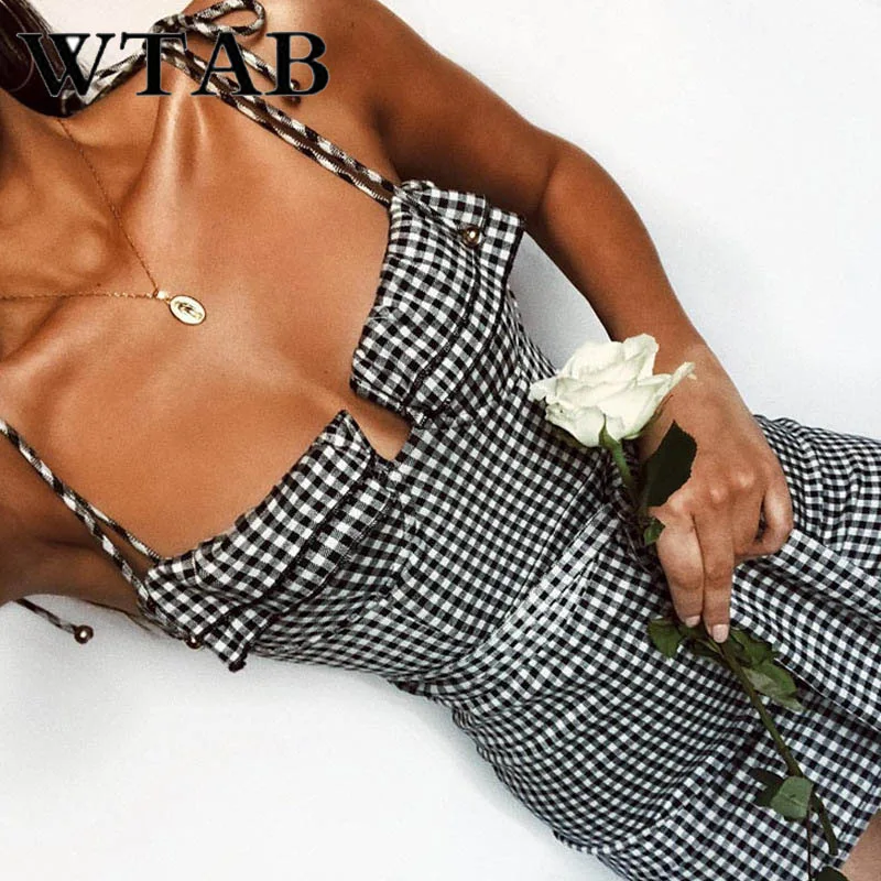 

WTAB vestidos strap plaid summer dress casual 2019 bodycon backless belt sexy women dress femme bandage mini party dresses robe