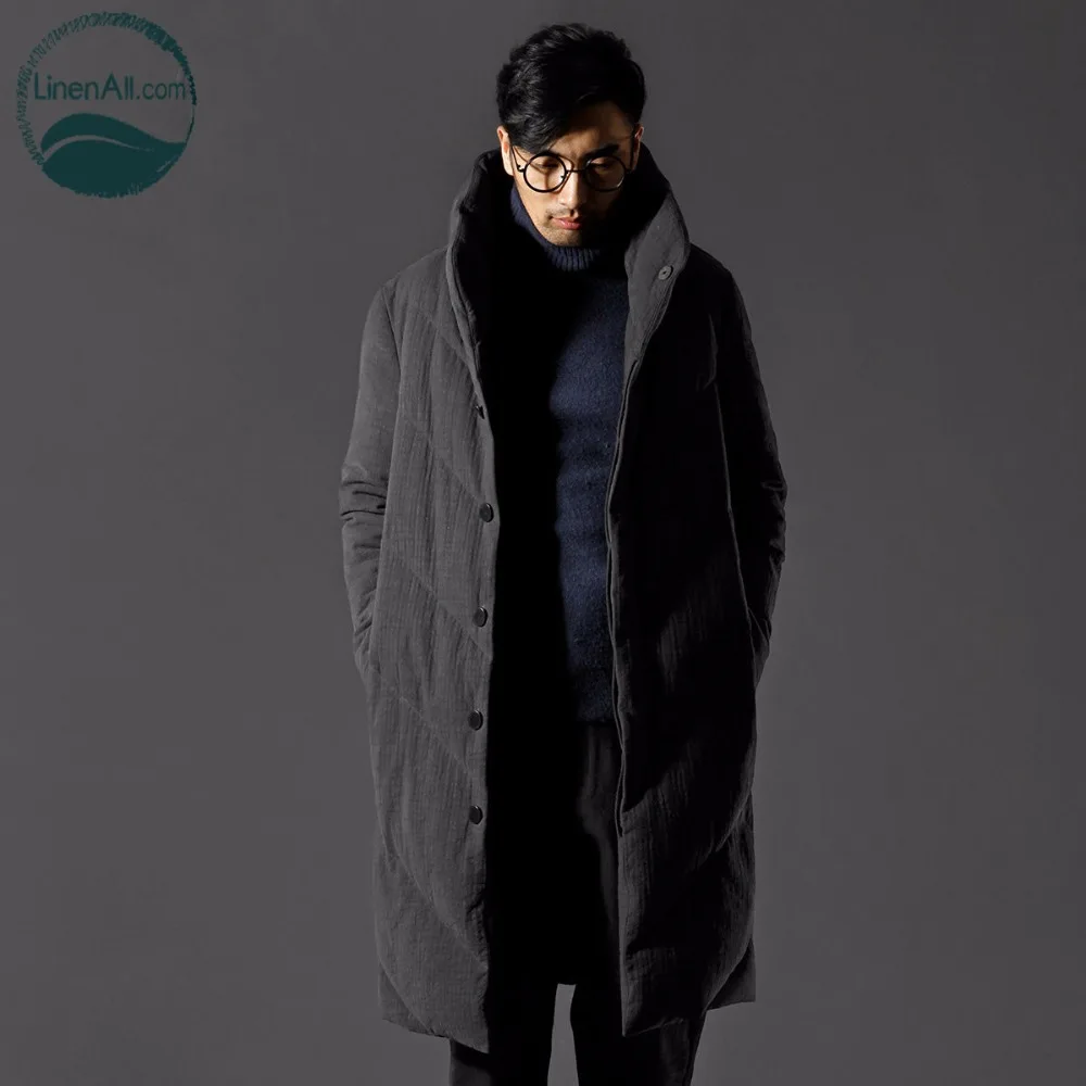 LinenAll мужской черный хлопковый пуховик, Зимний Повседневный теплый длинный пуховик, мужское плотное пальто