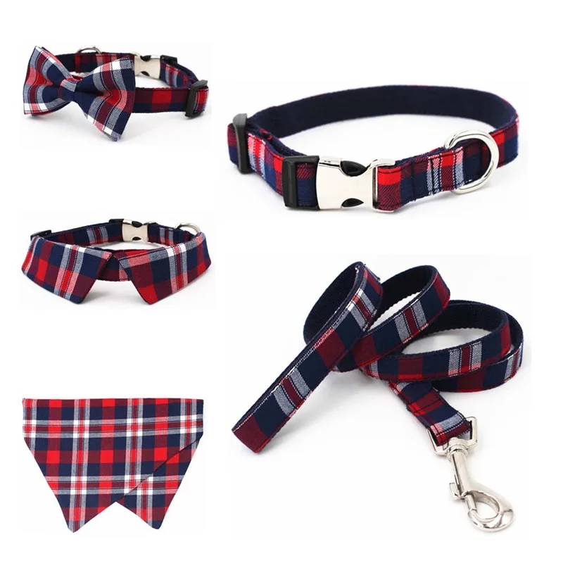 plaid Dog collar pet cat dog shirt collar with bow tie&checked dog bandana scarf,by handmade