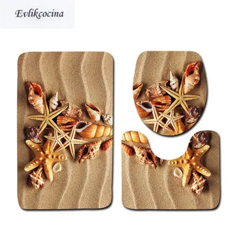 

Free Shipping 3 Pcs Beach Shells Ocean Bath Mats Anti Slip Bathroom Mat Set Tapete Banheiro Washable Toilet Rugs Alfombra Bano