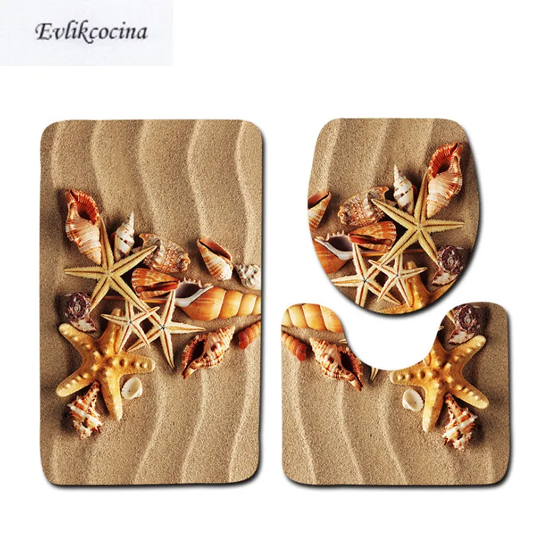 

Free Shipping 3 pcs Beach Shells Ocean Bath Mats Anti Slip Bathroom Mat Set Tapete Banheiro Washable Toilet Rugs Alfombra Bano