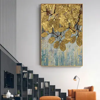 Cuadro de hojas doradas abstracto con impresión de póster grande, sala de estar gris para arte de pared, entrada, pasillo, Cuadros dorados, Tríptico para salón