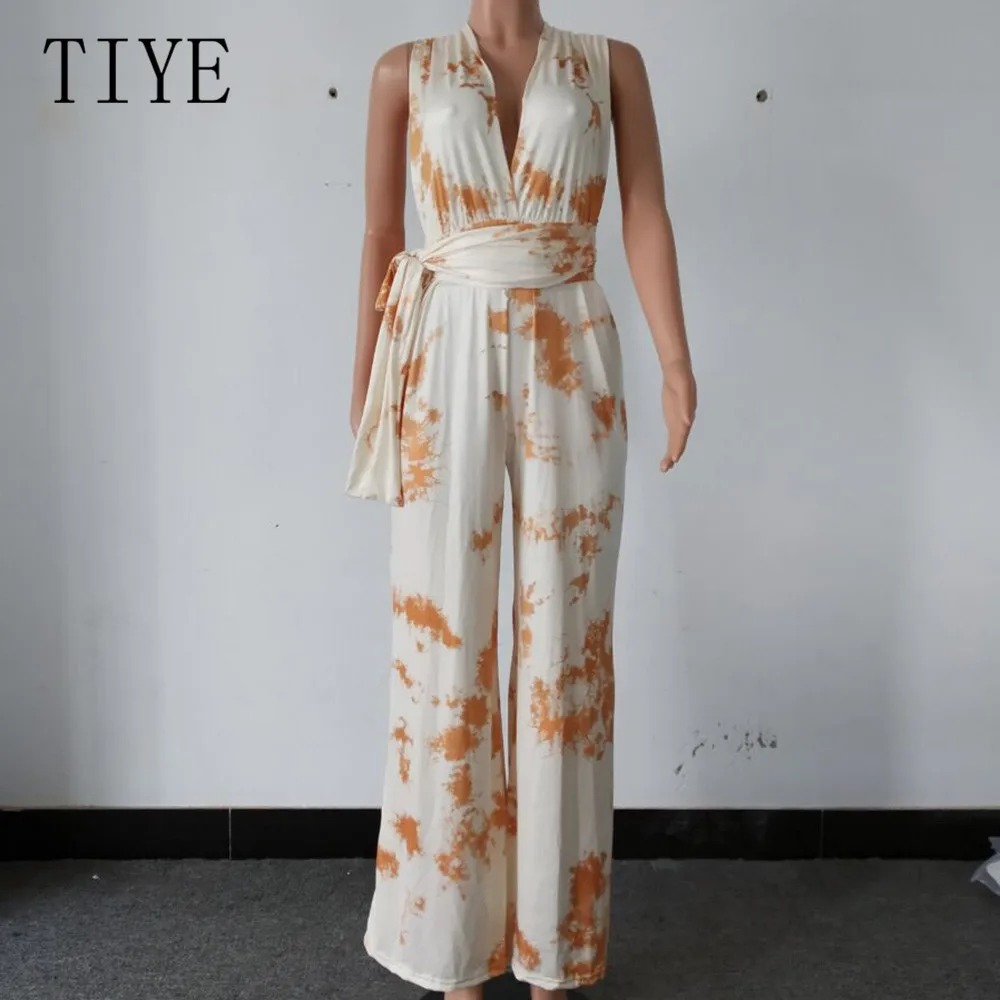 TIYE Sexy Deep V-neck Cross Bandage Loose Jumpsuits with Belt Elegant Hollow Out Wide Leg Playsuits Women Casual Summer Wear TIYE Sexy Deep V-neck Cross Bandage Loose Jumpsuits with Belt Elegant Hollow Out Wide Leg Playsuits Women Casual Summer Wear