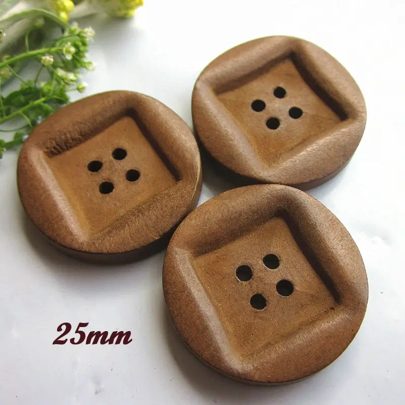 

60pcs 25mm 1" 4 holes Brown round in square vintage sewing wood buttons for clothing shoes craft decorative wood embellishment