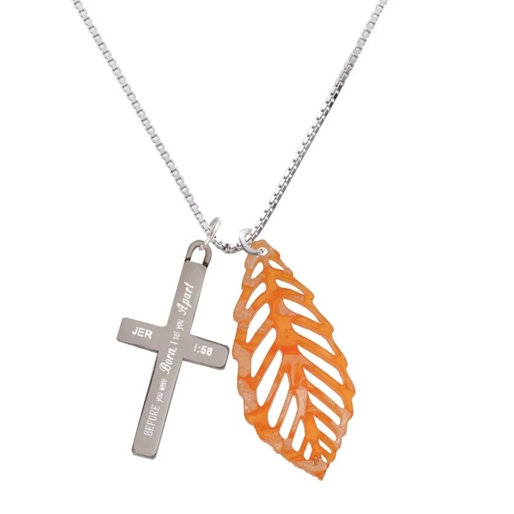 Acrylic Large Leaf Pearly Orange - I Set You Apart - Cross Necklace