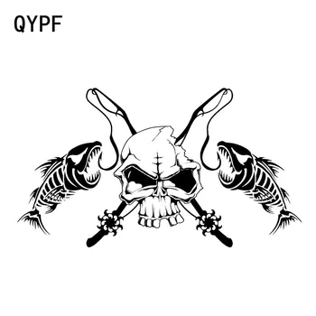 

QYPF 19.7*11.1CM Fishing Skull Skeleton Fish Rod Reel Hook Car Sticker Truck Window Vinyl Decal Sticker C16-0017