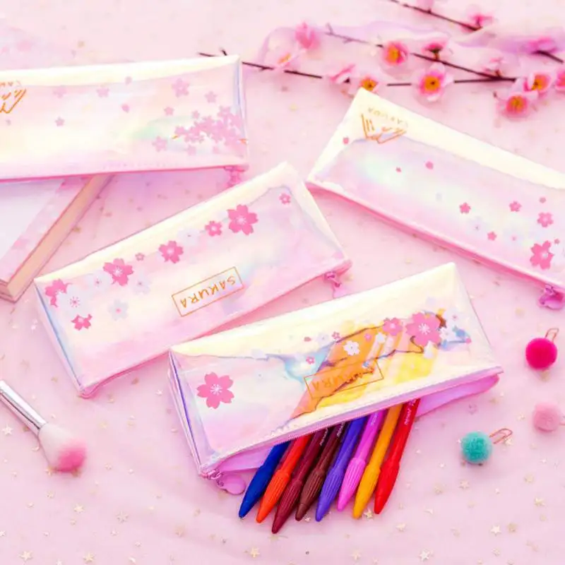 

1PC Kawaii Transparent Pen Bag Creative Laser Pencil Case Cute Colored Pencil Bag For Kids Girl School Supplies Pencil Pouch