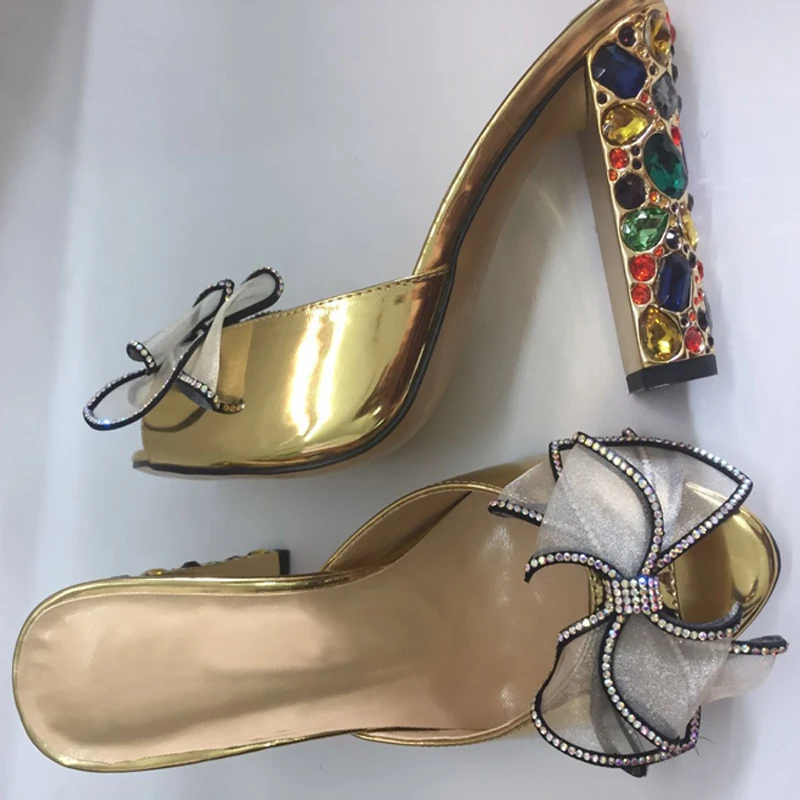 10cm Jeweled Heel Gold Mules Summer Slides Ladies High Heel Dress Shoes Women Open Toe Organza Bowtie Slippers Shoes