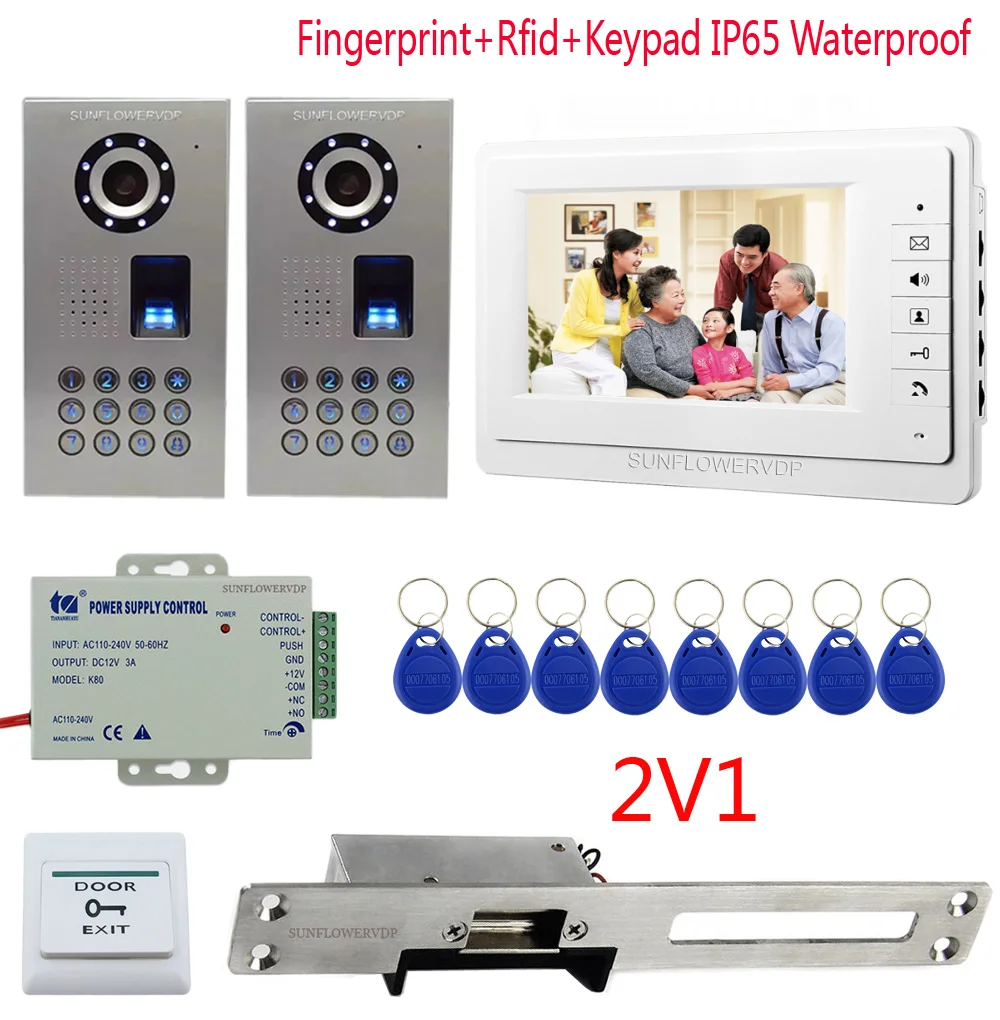 

Fingerprint Rfid Keypad Video Doorbell 7" Color Monitor Video Door Entry Two Cameras + long Plate European Narrow-type Door Lock