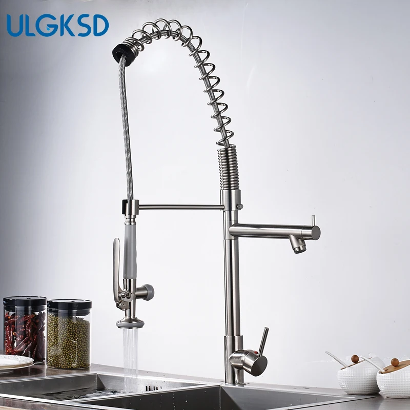 Ulgksd Spring Brass Deck Mounted Pull Out Sprayer Kitchen Faucet Dual Spout Dual Handle Taps Bathroom