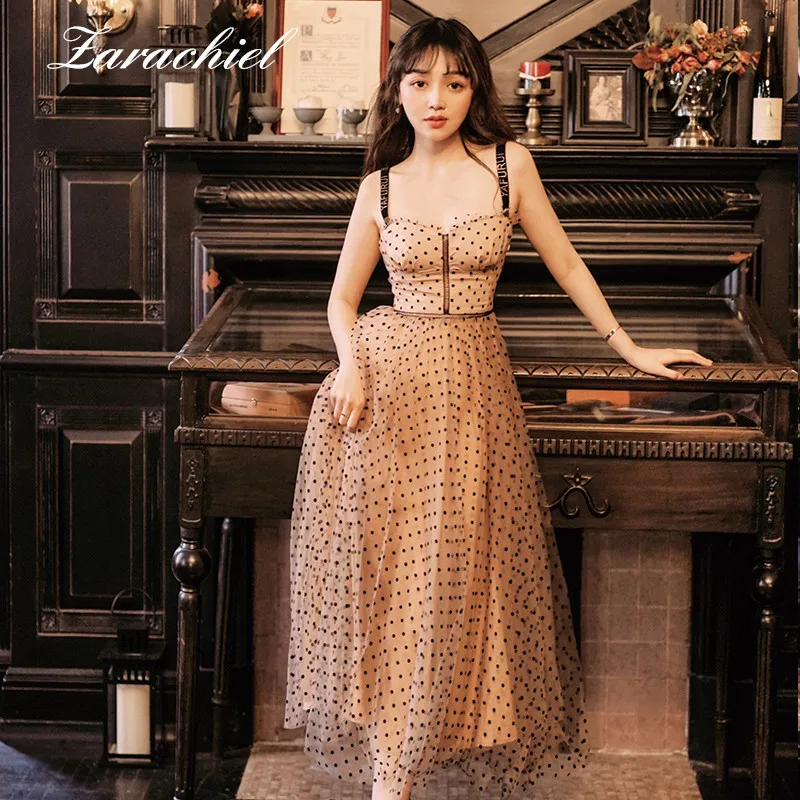 

Sexy Sequined Letter Spaghetti Strap Dress 2019 Summer Women Sweet Polka Dot Midi Long Party Dress Girl A-Line Tulle Mesh Dress