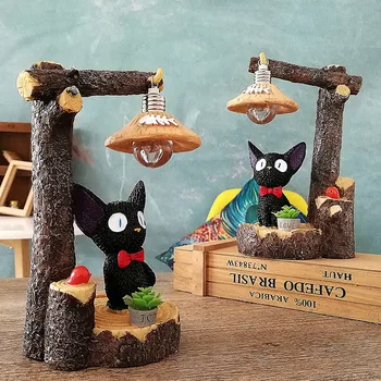 

Resin Pastoral Rural Style Animal Kiki Cat Light Figurine Kawaii Ornaments Sculpture Home Decoration Living Room Bedroom Gift