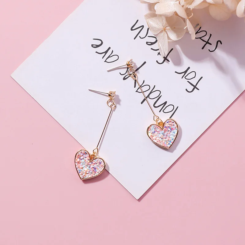 1 Pair Women Crystal Sequins Pink Heart Dangle Earrings Rhinestone Long Drop Earrings Jewelry Gift