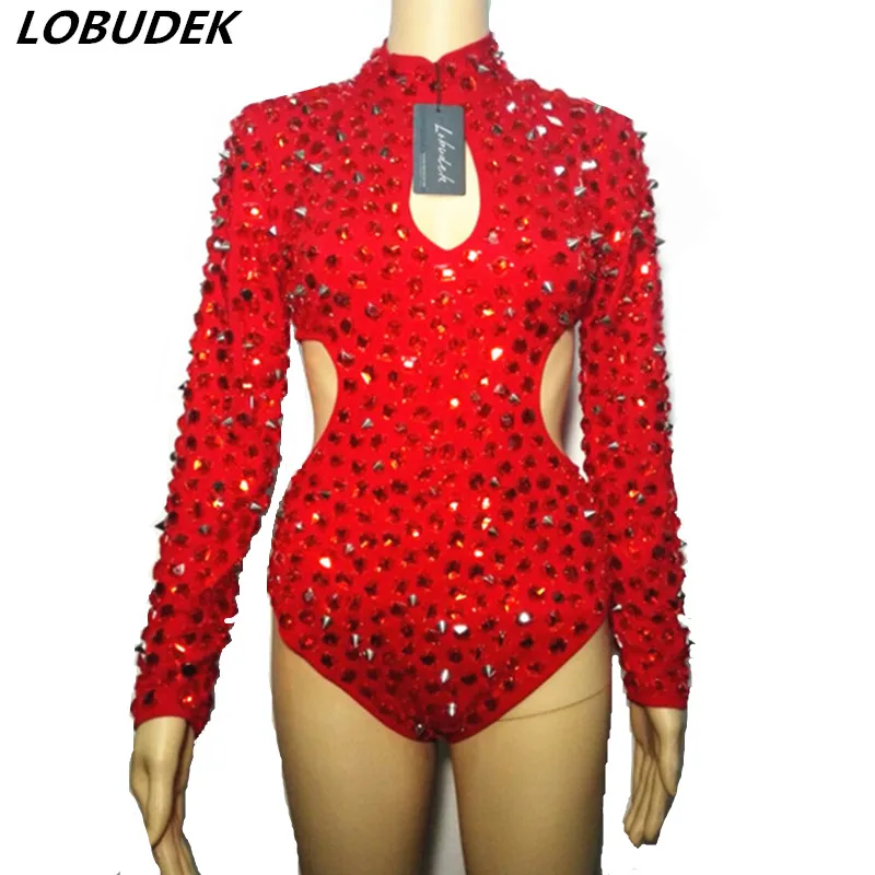 Buy Red Rhinestones Rivet Bodysuit Sexy Hollow out