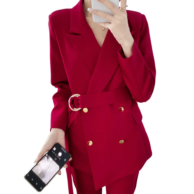 

High-end large size suit female spring and autumn new tie with waist slimming temperament suit nine pants two sets AL913