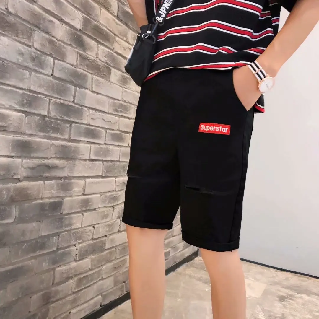 

2019 Patchwork Embroidery Summer Pure Men's Holes Shorts Hip Hop Casual Loose Knee Length Pants Men Streetwear Male Straight