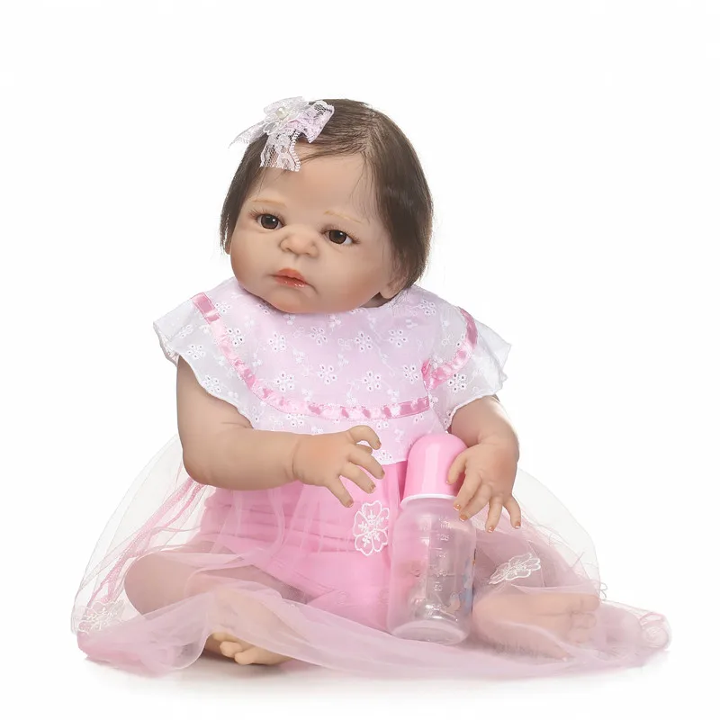 

NPK brand silicone girl doll reborn 22"55cm pink dress bebe princess reborn babies rooted hair child birthday present toy boneca