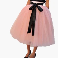 Прекрасный розовый юбка-пачка с черные ленты, высота до середины голени, Длина Пышная юбка из тюля для Для женщин гранж Юп Женский Взрослые юбки