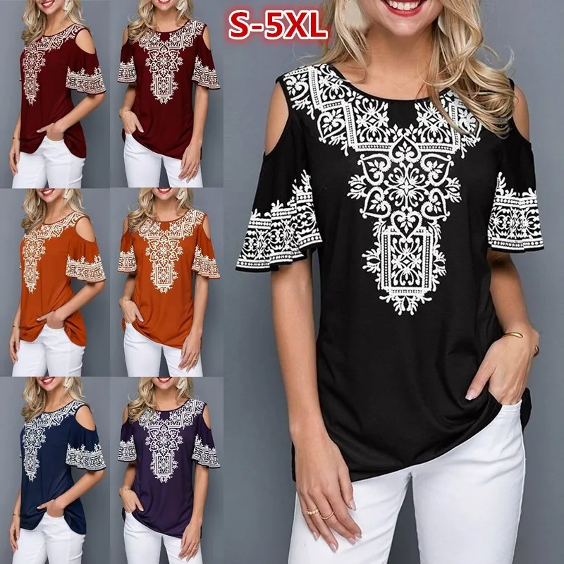 

Women Summer Off Shoulder Tops Printing Short Sleeve T-shirt Plus Size S-5XL