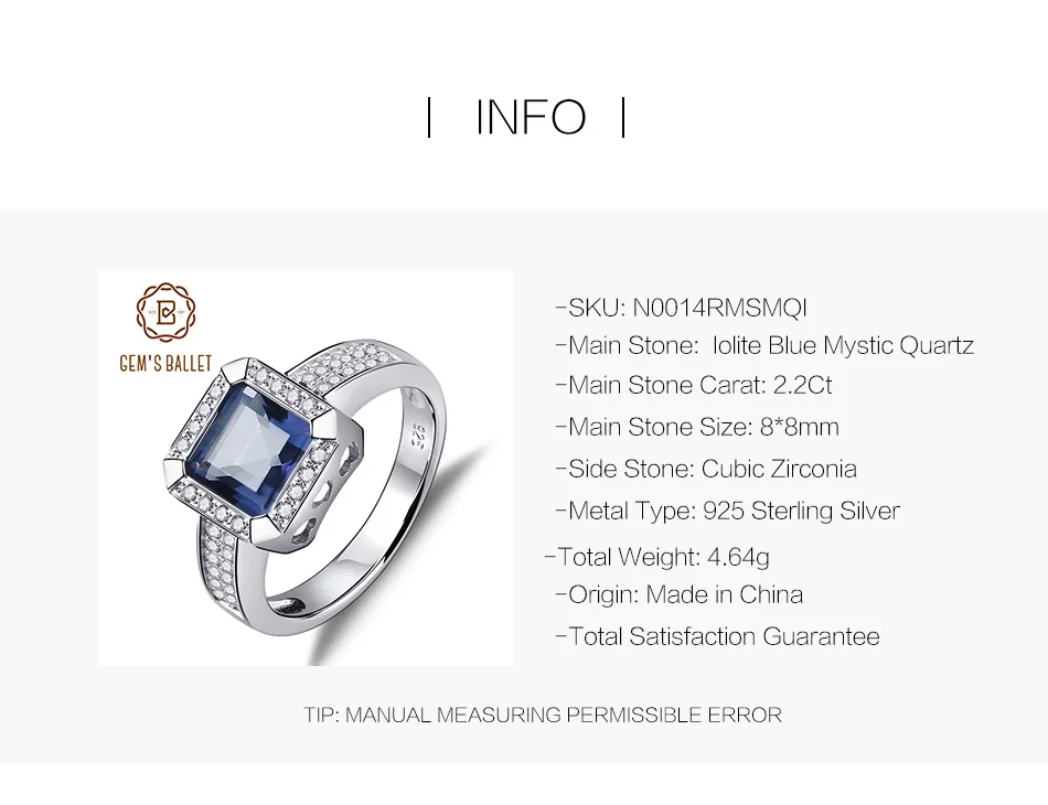Gem's Ballet 2.2Ct натуральный иолит синий мистический кварцевый камень винтажные кольца твердые 925 пробы серебряные ювелирные изделия для женщин