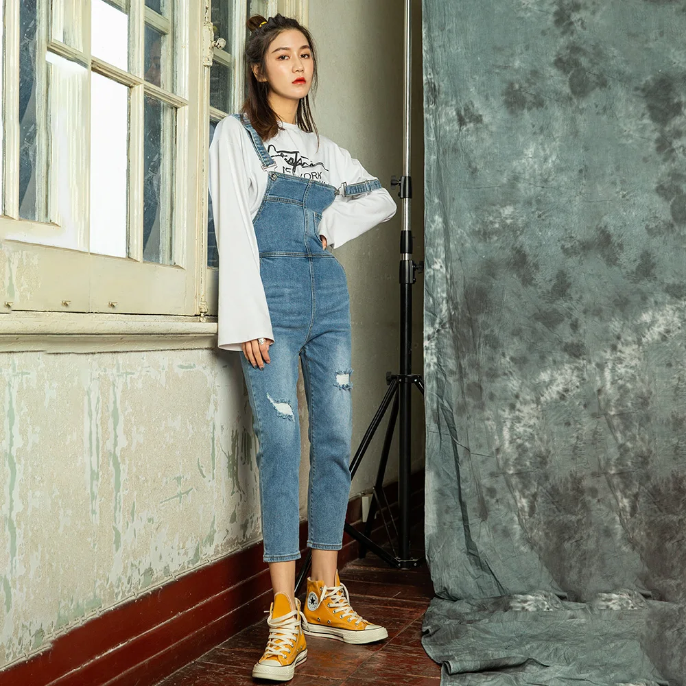 

Brief Relate Washed Light Blue Denim Bodysuit Women Jumpsuit Overalls Holes Pockets Jeans Elastic Durable Regular Denim Pants