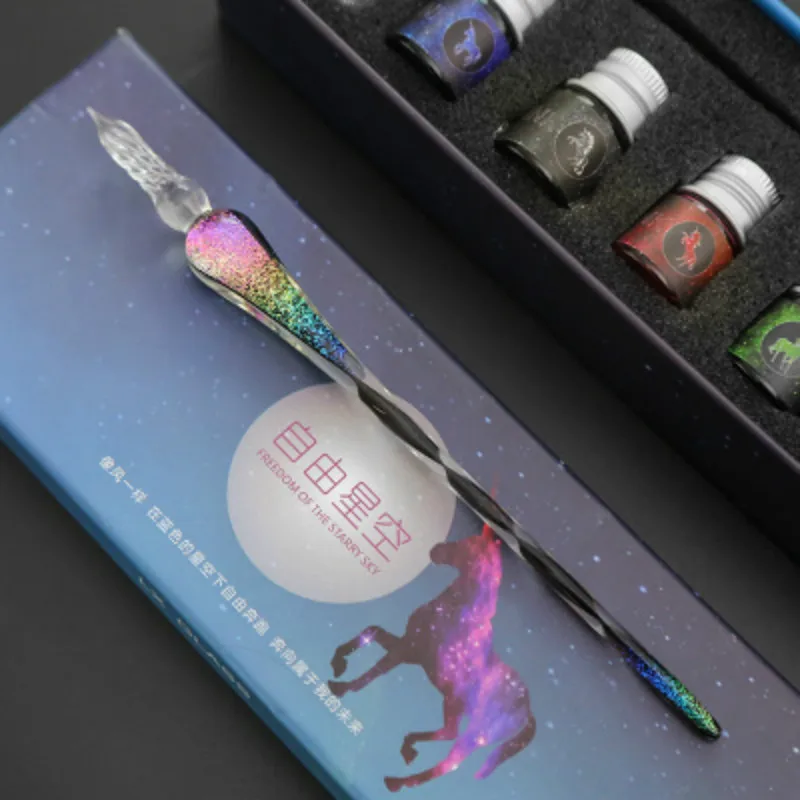 Günstig JUGAL Kreative Starry sky Glas Stift Gold Pulver tinte Stift Glas Dip Stift Für Schreiben Brunnen pen set Geschenk Box kunst Liefert