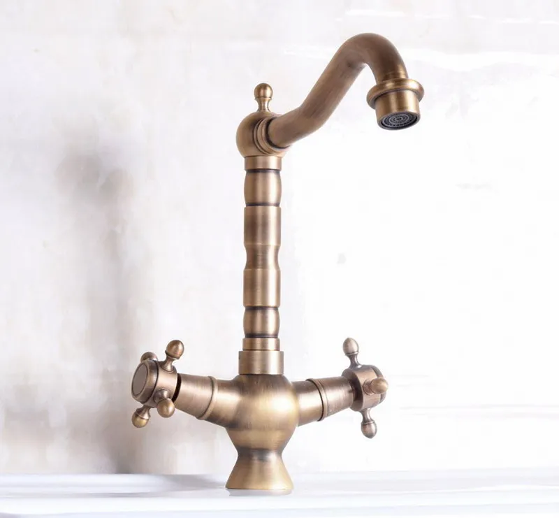 Vintage Retro Antique Brass Dual Cross Handles Bathroom Kitchen Basin Sink Faucet Mixer Tap Swivel Spout Deck Mounted mnf247