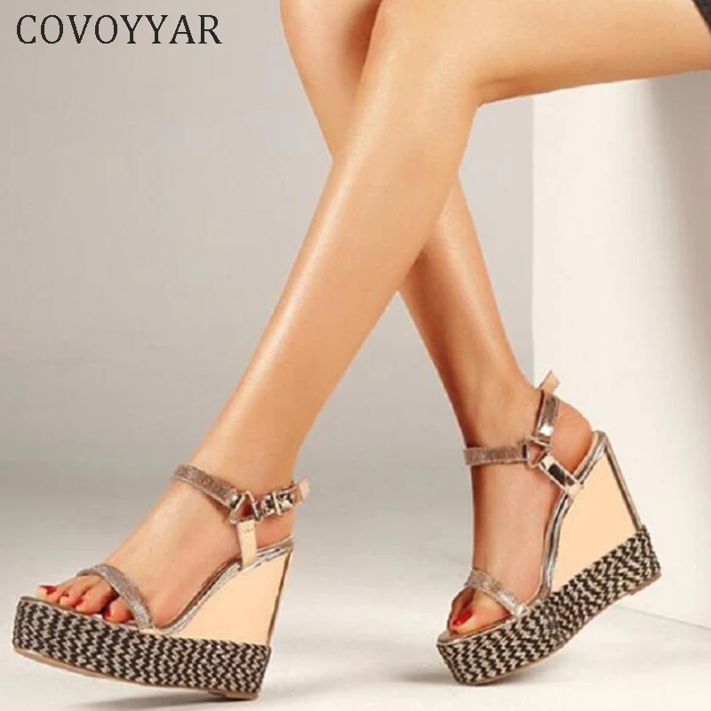 Covoyyar 2019 Platform Women Sandals Wedge High Heel Summer Women Shoes Sexy Shiny Ankle Strap