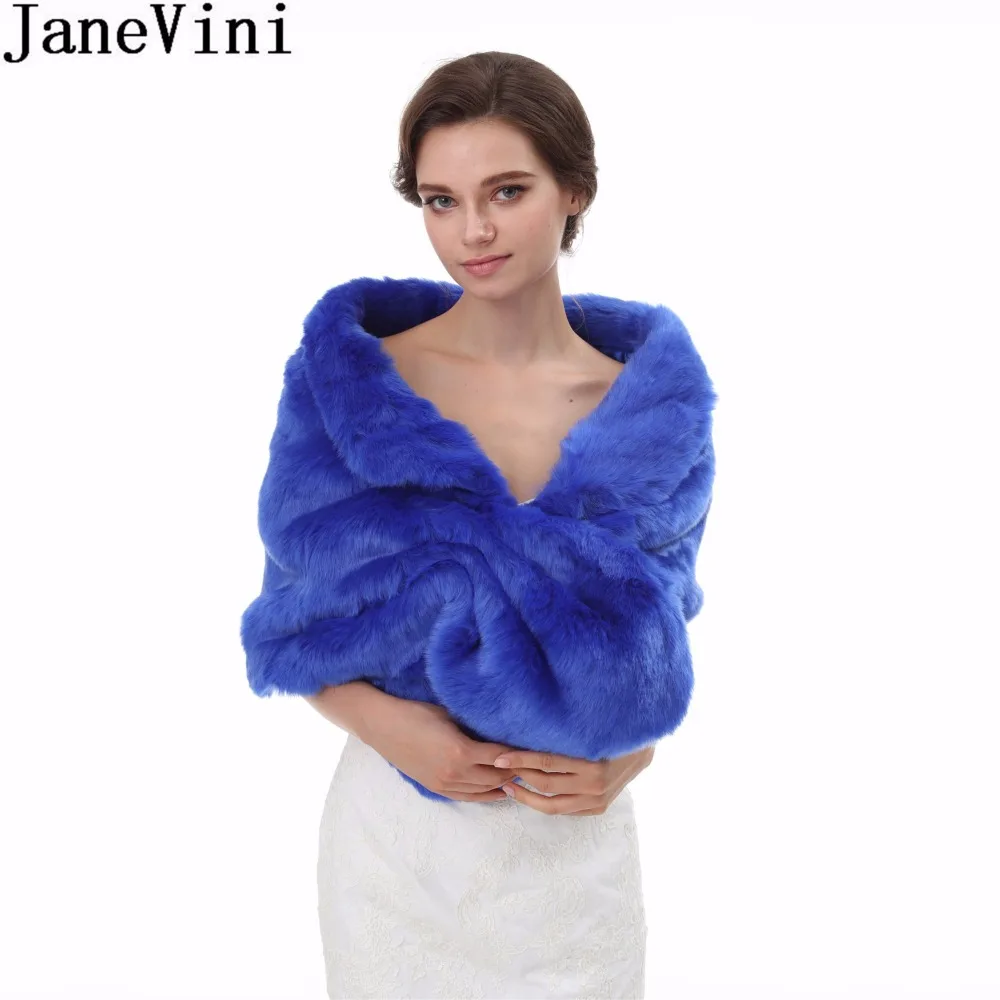 JaneVini High Quality Wedding Bridal Shawl Fur Bolero Women Winter Faux Fur Wrap Blue Shoulder Cape Fourrure Boleros Chales Boda