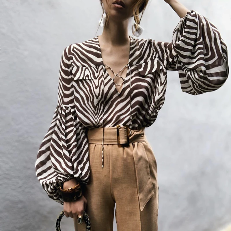 

Zebra stripe printed blouse long sleeve female top shirt v neck lace up office ladies shirt