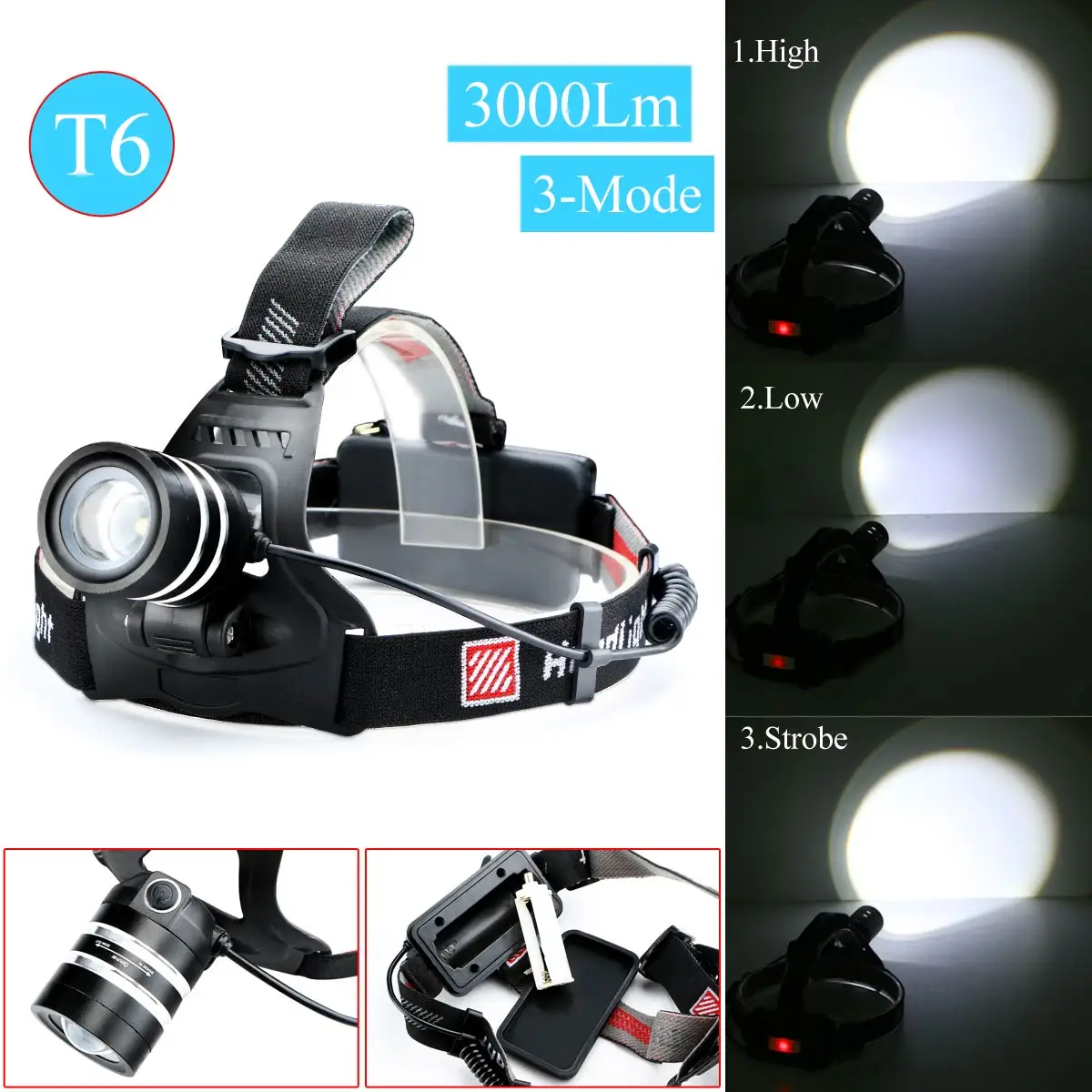 2016 Top Quality 3 Color 3000 Lumens T6 LED Headlamp Headlight Zoomable XM-L T6 Head Lamp Light Camping Hiking For 1x18650 3xAAA