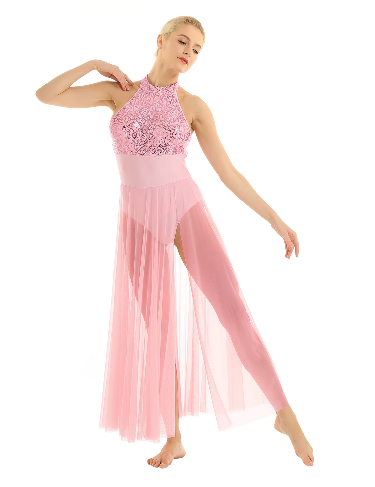 TiaoBug, женское балетное трико с блестящими блестками, Сетчатое длинное платье, для взрослых, для Бальных выступлений, современные костюмы для лирических танцев - Цвет: Pink