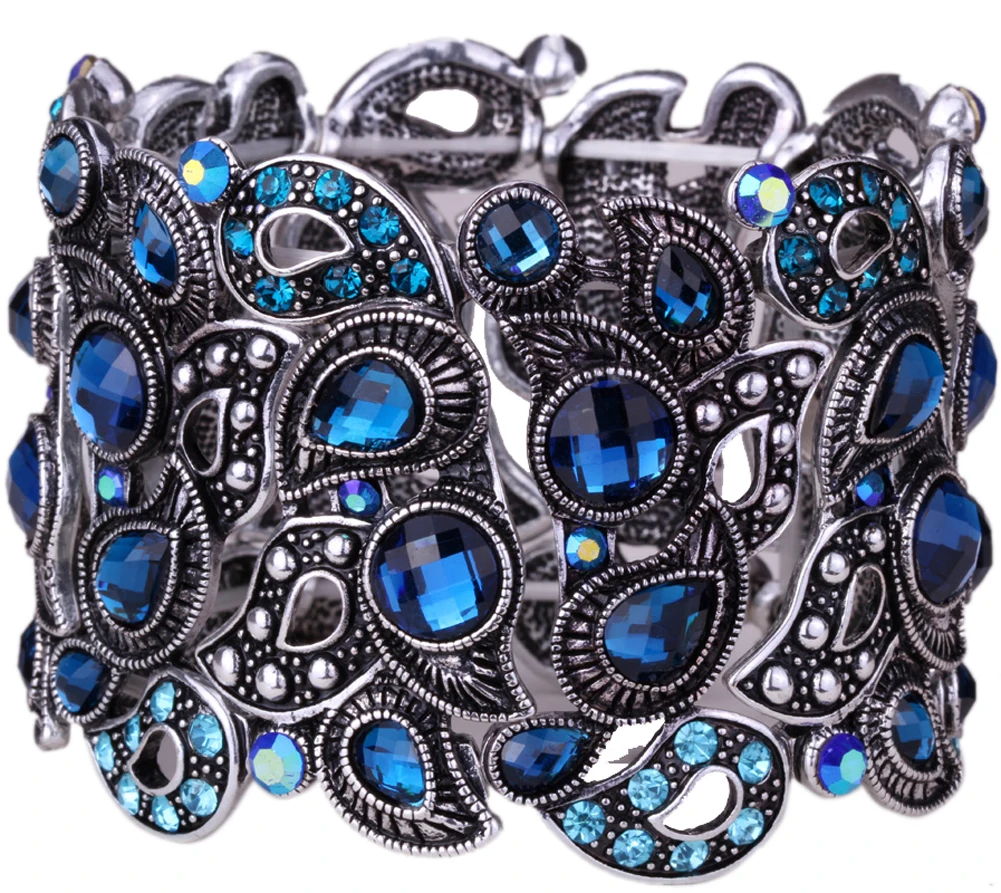 YACQ растягивающийся браслет винтажный цветок Кристалл Женская мода Ювелирные изделия Подарки B10 Прямая поставка черный золотой серебряный цвет - Окраска металла: blue