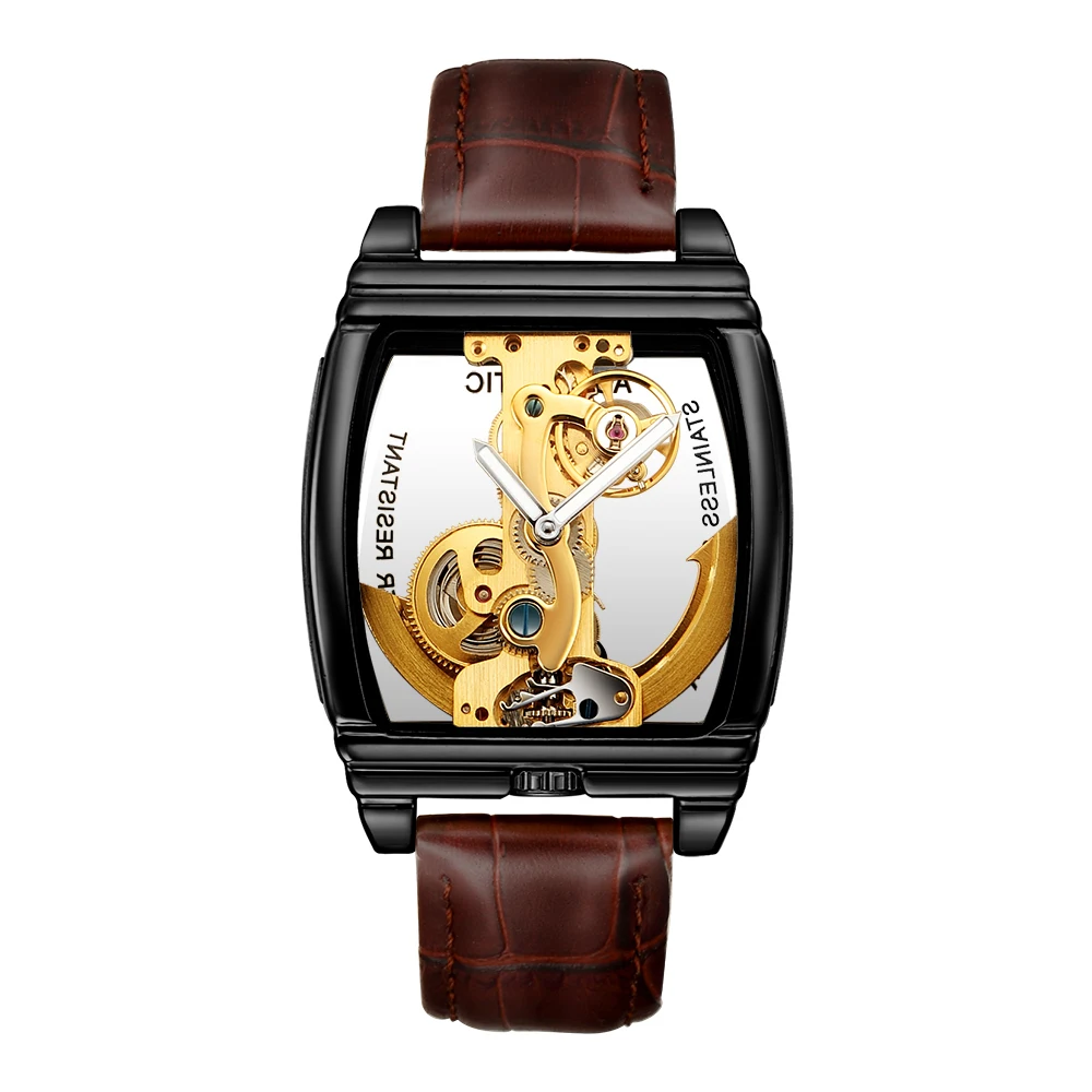

SHENHUA Male Clock 2019 Transparent Tonneau Case Auto Mechanical Mens Skeleton Wrist Watch Genuine Leather Band Erkek Kol Saati