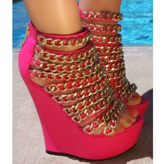 

Golden Chain Group high platform high wedge ankle high back zipper peep toe red black green Casual sandals for woman in summer
