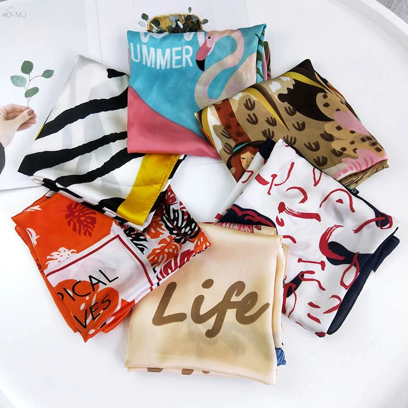 

AOMU Korea 70*70cm New Small Square Satin Printing Animal Scarf Head Neck Scarf Women's Hair Tie Band Wrap Handkerchief