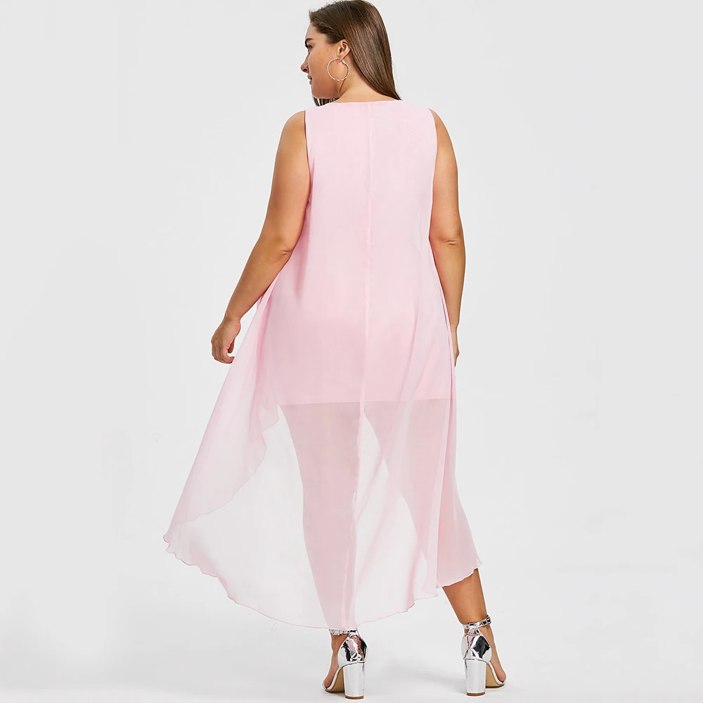 Women Fashions Summer Plus Size Dress 5XL Sleeveless High Low Hem Flyaway Dresses Split Front A-Line O-Neck Party Dress Vestidos Women Fashions Summer Plus Size Dress 5XL Sleeveless High Low Hem Flyaway Dresses Split Front A-Line O-Neck Party Dress Vestidos