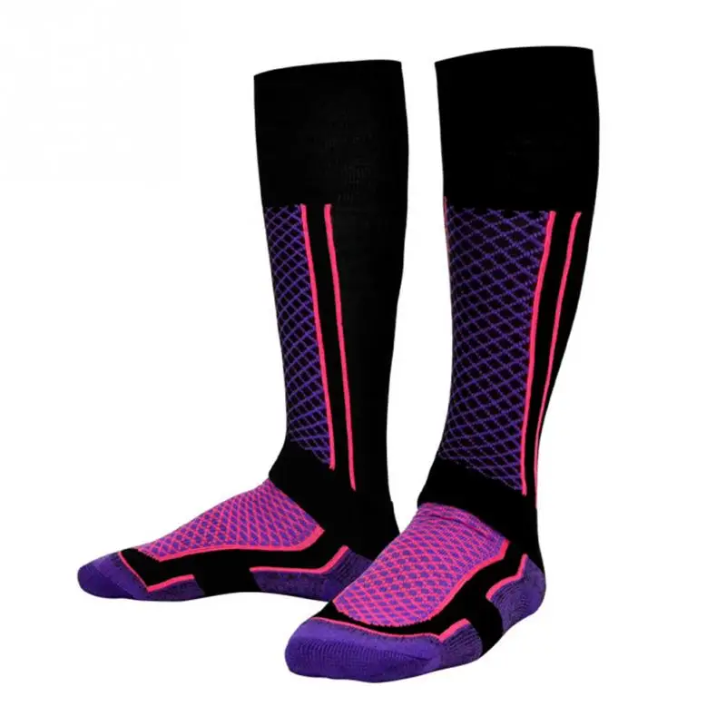 Зимние теплые мужские и женские теплые длинные Лыжные носки, чулки, утолщенные спортивные дышащие уличные Лыжные носки - Цвет: PurpleXBlack