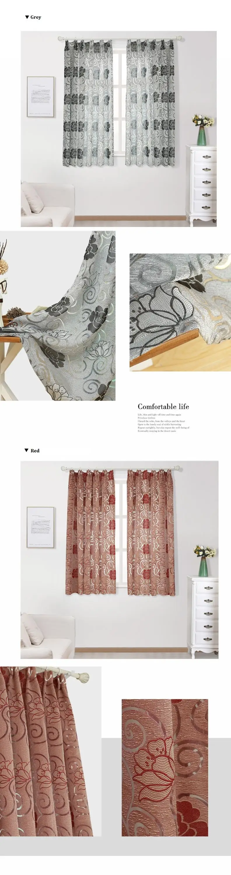 LOZUJOJU Double Color Curtains Ready Made Drapes for Bedroom Windows  Floral Jacquard European Style Semi Shade Fabric Thick (2)