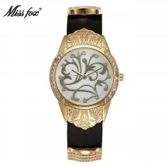 MISSFOX цветок специальные наручные часы модные повседневные Черные кожаные Ar китайские часы женские часы импортные жемчужные золотые часы - Цвет: 19955