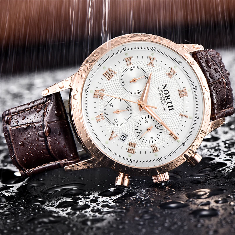 NORTH Mens Watches Top Brand Luxury Men's Army Military Sport Watch Men Casual Leather Waterproof Quartz Watch Relogio Masculino