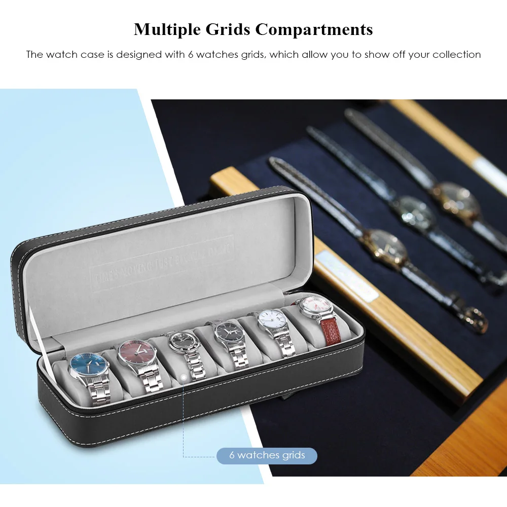 Portable 6-slots Watch Storage Case Leather Box Organizer with Zipper