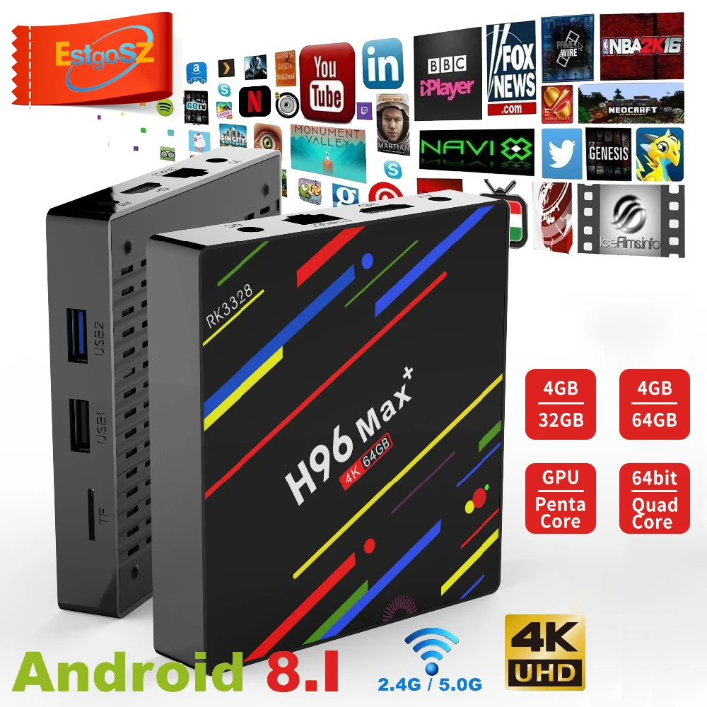 Billige EStgoSZ H96 MAX Plus Android 9.0 smart TV Box 4GB RAM 64GB ROM Set Top Box RK3328 2,4G 5G Wifi 4K H.265 4GB 32GB Media Player