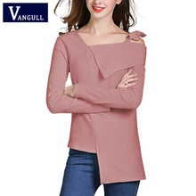 Весна и осень повседневная женская одежда Лук Слинг сплошной цвет с длинным рукавом Топы Тонкий вязаный Асимметричный воротник футболки