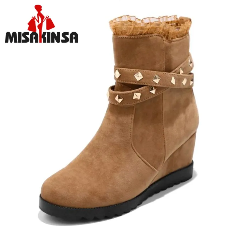 

FITWEE 4 Colors Fashion Women Wedges Boots Rivet Zipper Warm Shoes Women Party Wedding Shoes Office Lady Boots Size 34-43